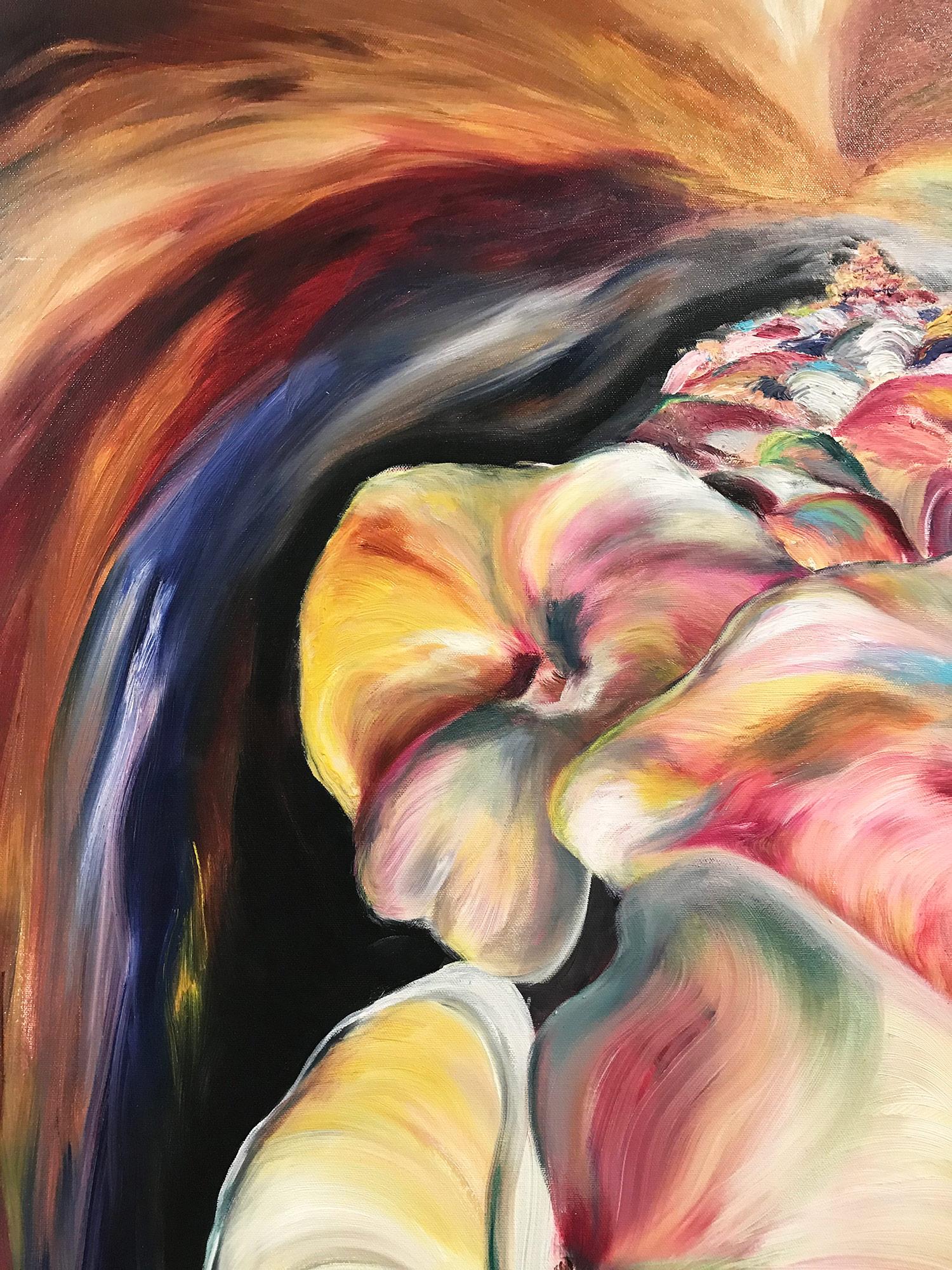 This painting captures an abstract scene of colorful flowers infinitely going out into vast space. The artist captures these beautiful petals in a dynamic and bold way, reminding us of the great American artist Georgia O'Keeffe. The bold florals are