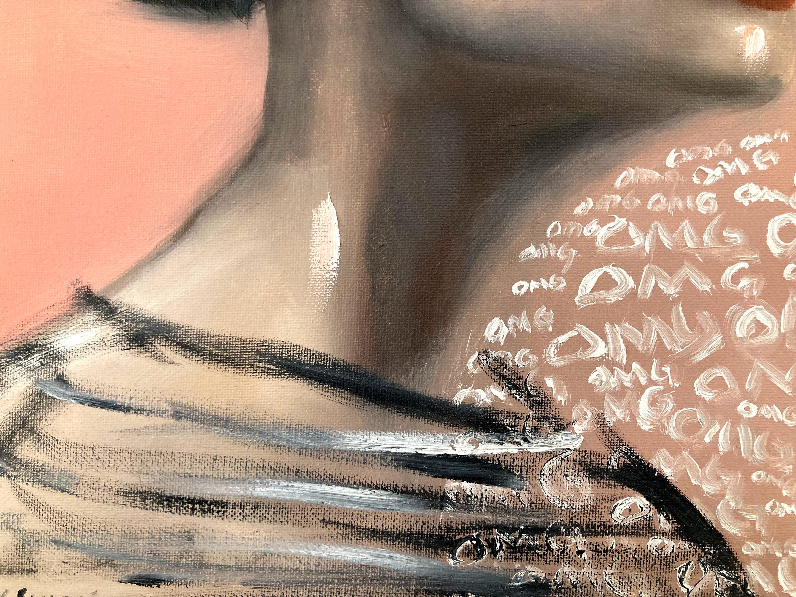 This painting depicts a pop art portrait of a woman in Haute Couture Chanel Sunglasses with the lettering 