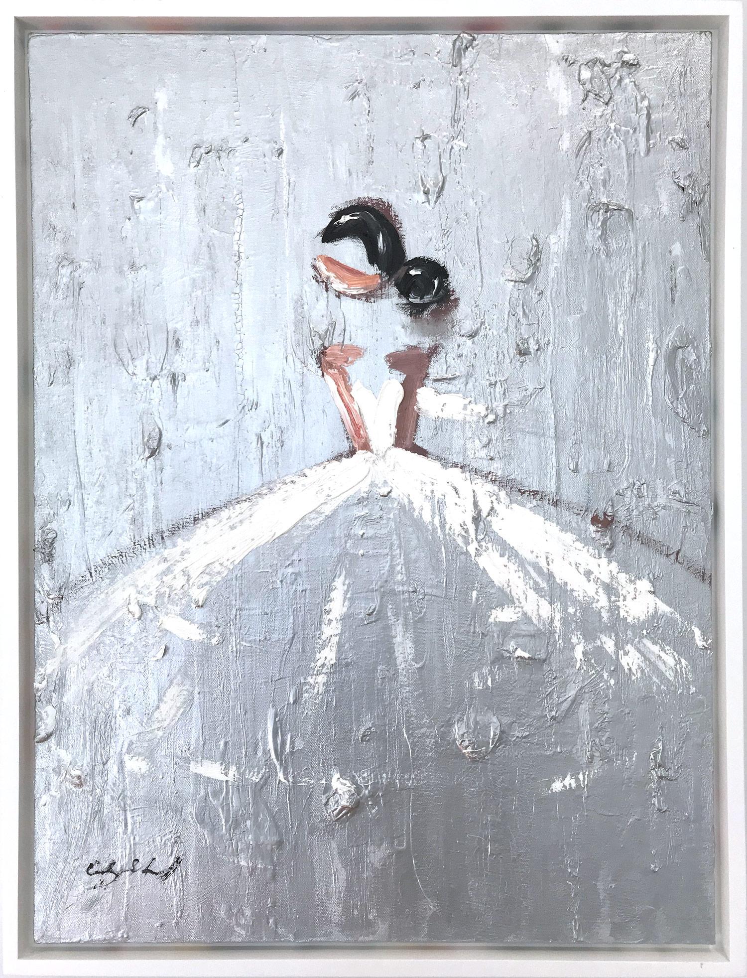Cindy Shaoul Figurative Painting - "Iridescent Bride" Figure with Gown French Haute Couture Oil Painting on Canvas