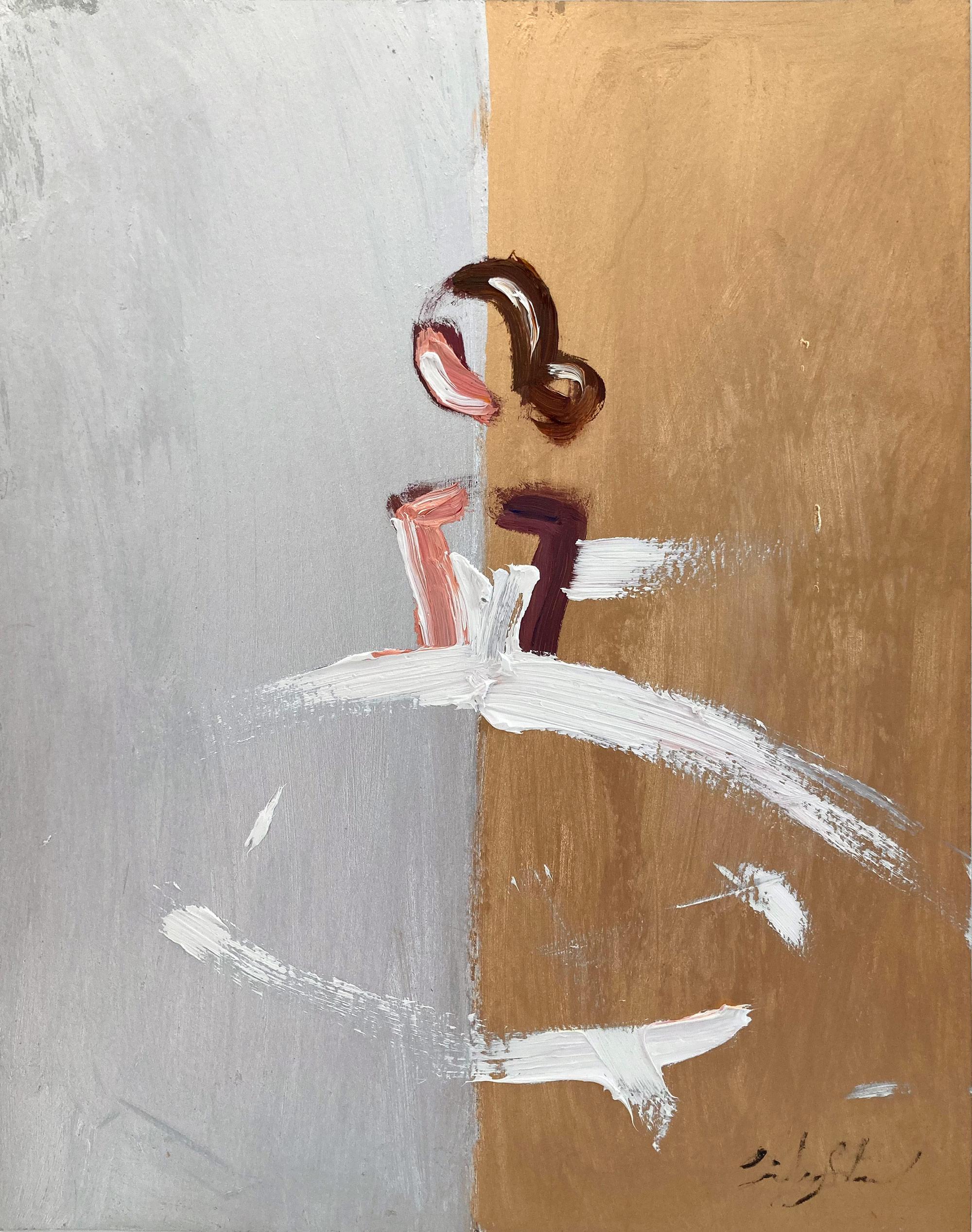 "J'adore Paris-Oro y Plata" Figura con vestido de Alta Costura Pintura al óleo sobre papel
