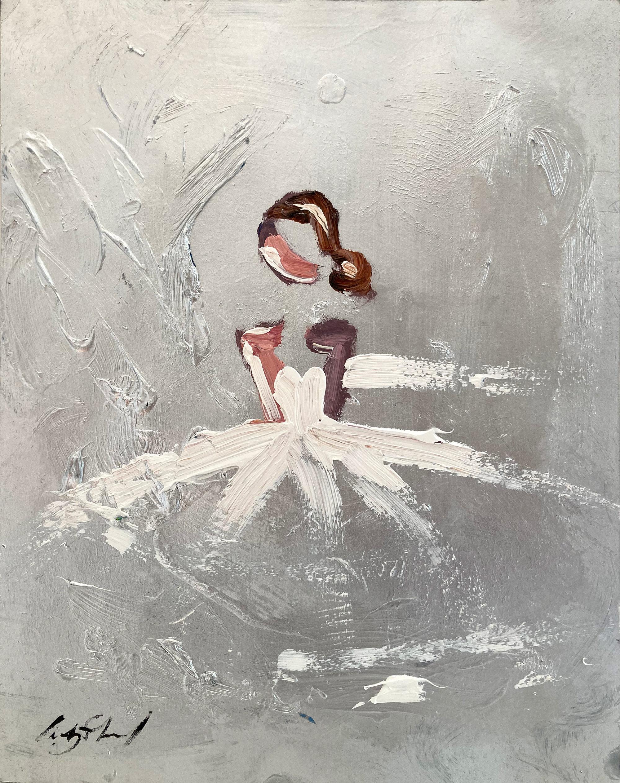 "J'adore Silver in Paris" Figure in Haute Couture Gown Oil Painting on Paper