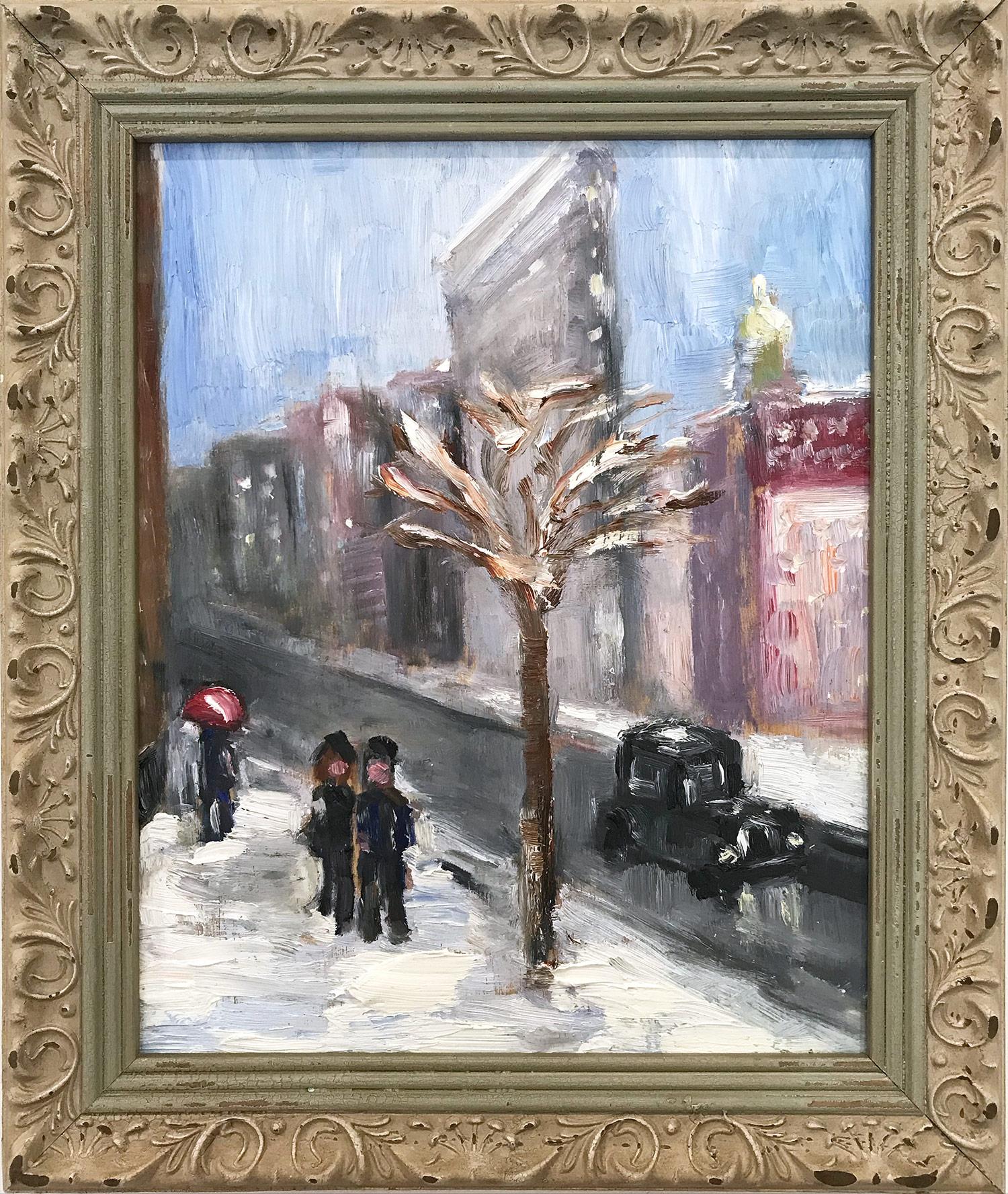 Cindy Shaoul Landscape Painting - "John and Yoko in NYC" Impressionistic Oil Painting City Landscape in Snow 