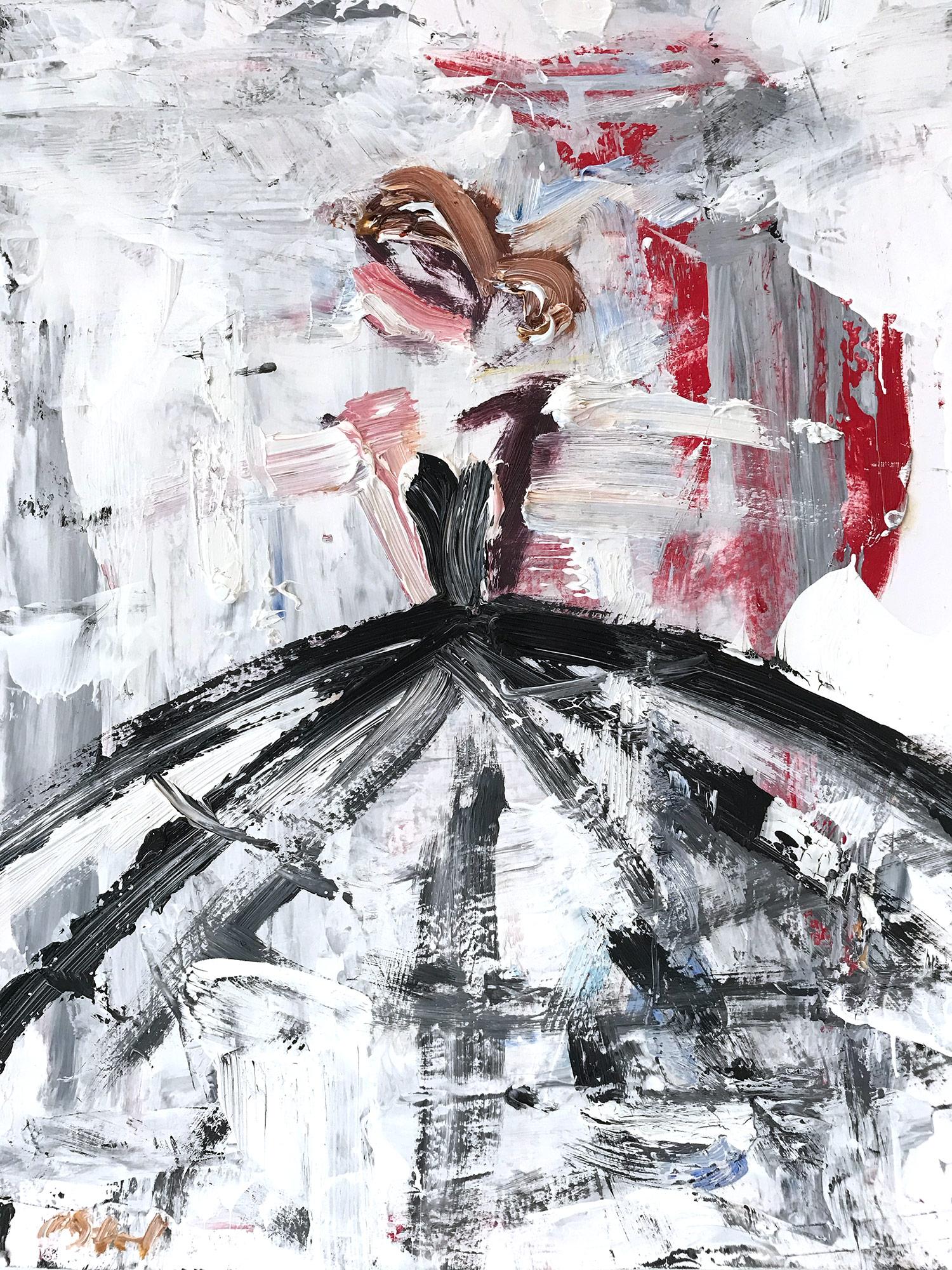 Figurative Painting Cindy Shaoul - ""Julia" - Figure avec robe - Peinture à l'huile sur papier de haute couture française