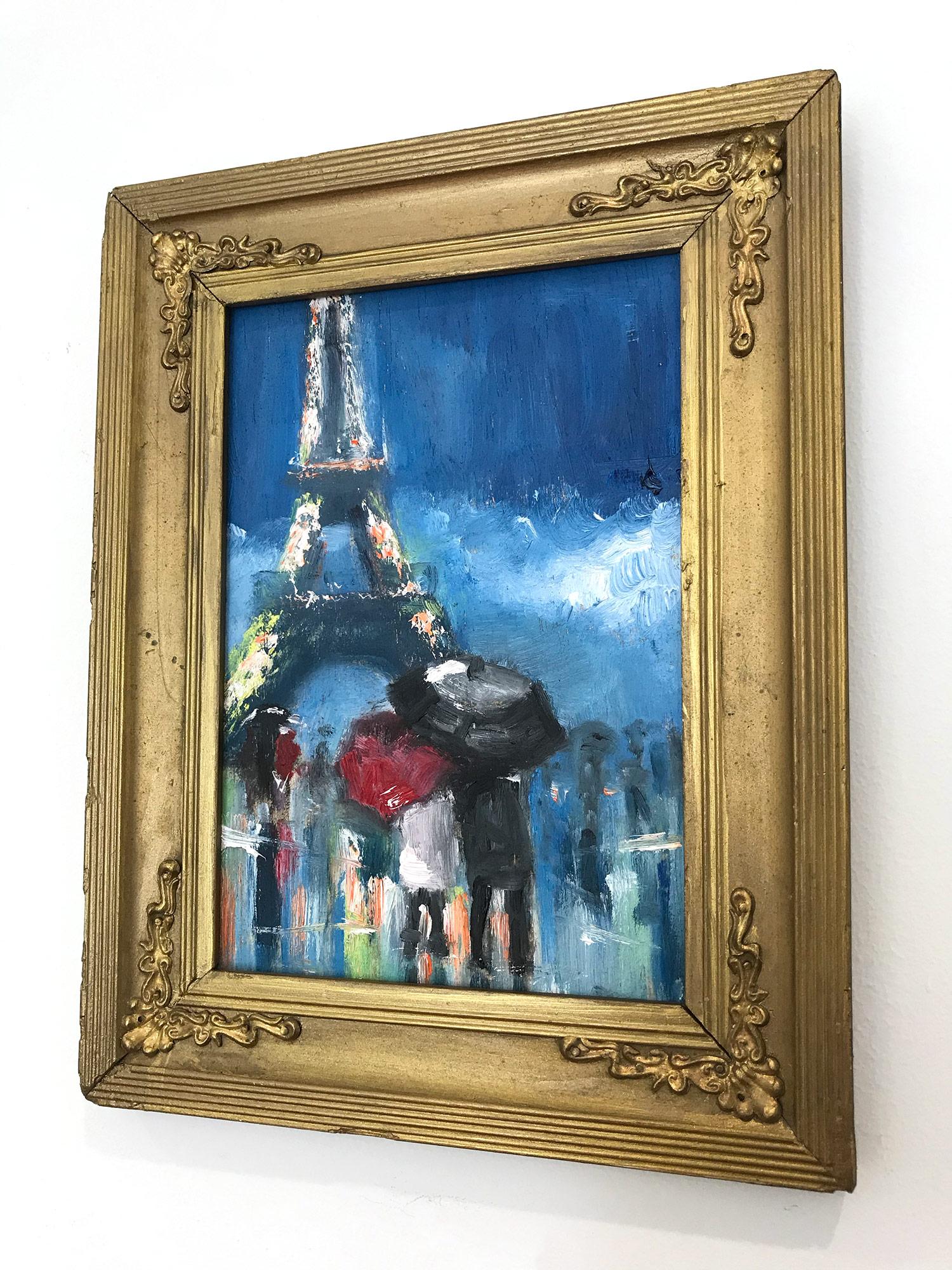 This painting depicts an impressionistic Plein Air scene of a couple under an umbrella by the Eiffel Tower in the rain. The thick brush strokes and fun marks creates an atmosphere reminiscent of the Ashcan School. There are figures situated in the