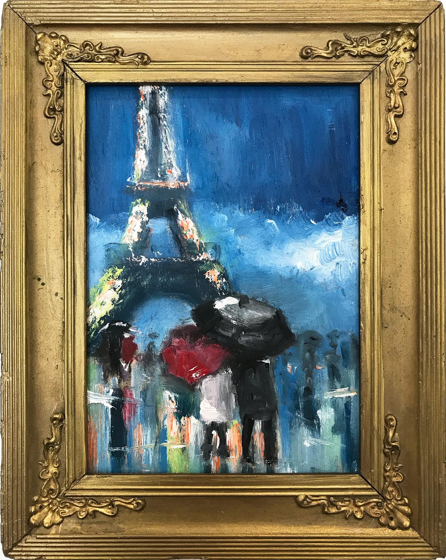Cindy Shaoul Landscape Painting - "Just You and Me" Impressionistic Oil Painting of Figures by Eiffel Tower, Paris