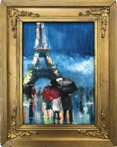 "Just You and Me" Impressionistic Oil Painting of Figures by Eiffel Tower, Paris