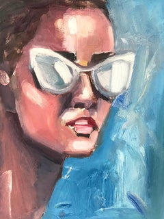 „Summer Vibes“ Porträt eines jungen Mädchens mit Sonnenbrille, Ölgemälde auf Papier