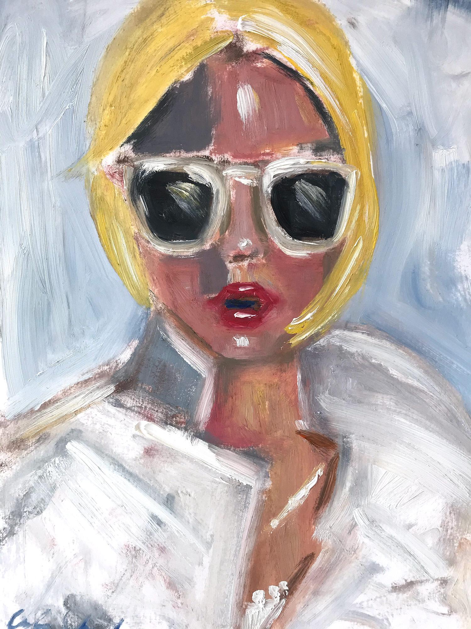 Figurative Painting de Cindy Shaoul - "Kendall" Retrato de chica joven con gafas de sol Pintura al óleo sobre papel