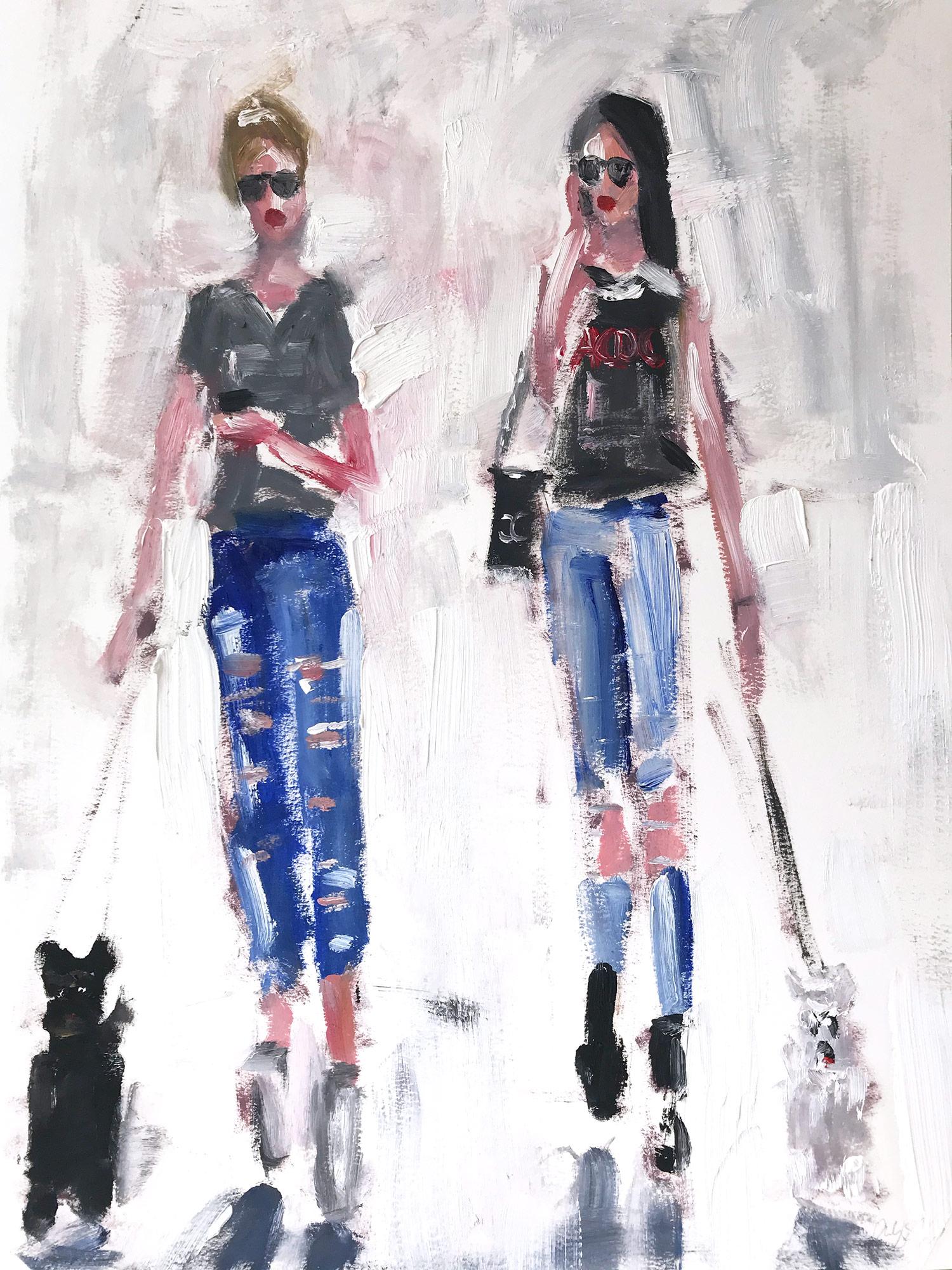 Cindy Shaoul Abstract Painting - "Kenny and Hailey" NYC Haute Couture Oil Painting on Paper in Chanel and Dogs