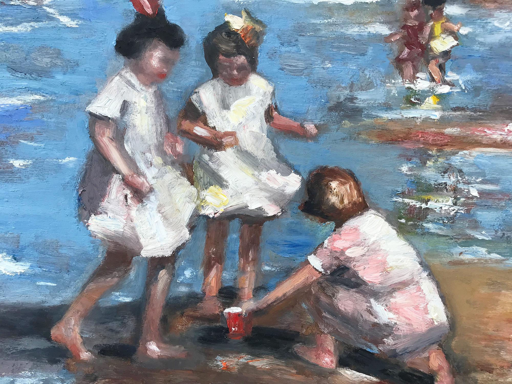 This painting depicts an impressionistic scene at the beach with beautiful brushwork and whimsical colors. The work is a following of Edward Potthast, capturing the beach and times of the early 20th Century similarly to his work. This piece comes