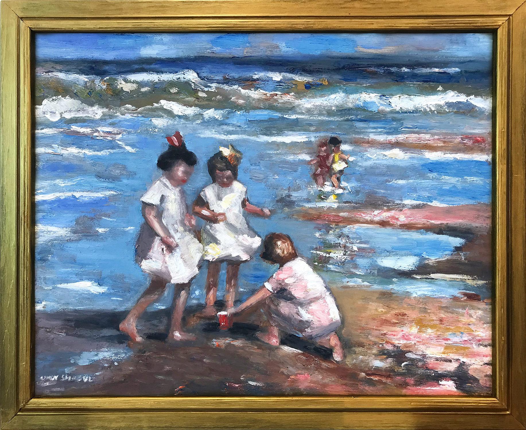 Cindy Shaoul Figurative Painting - "Kids on the Beach" Colorful Impressionistic Beach Scene Oil Painting on Panel