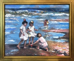 "Kids on the Beach" Colorful Impressionistic Beach Scene Oil Painting on Panel