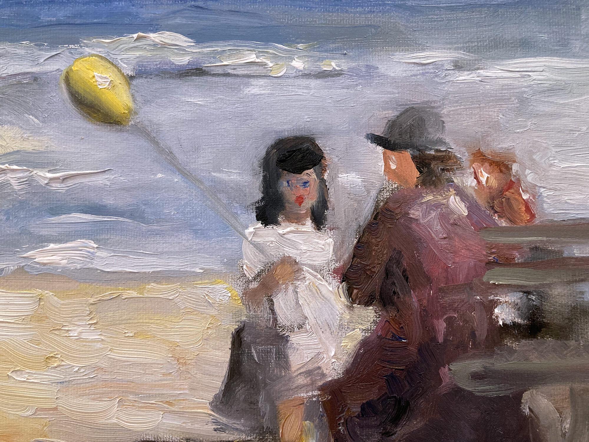 This painting depicts an impressionistic scene at the beach with beautiful brushwork and whimsical colors. The work is a following of Edward Potthast, capturing the beach and times of the early 20th Century similarly to his work. This piece is
