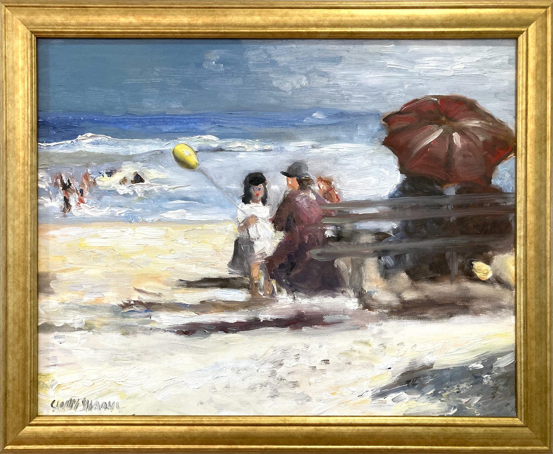Cindy Shaoul Landscape Painting - "Kids on the Beach" Impressionistic Beach Scene in Style of Edward Potthast 