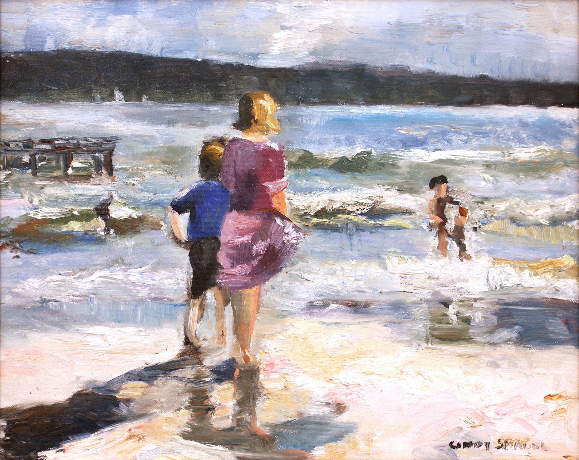 Cindy Shaoul Figurative Painting - "Kids on the Sand" Impressionistic Beach Scene Oil Painting on Canvas