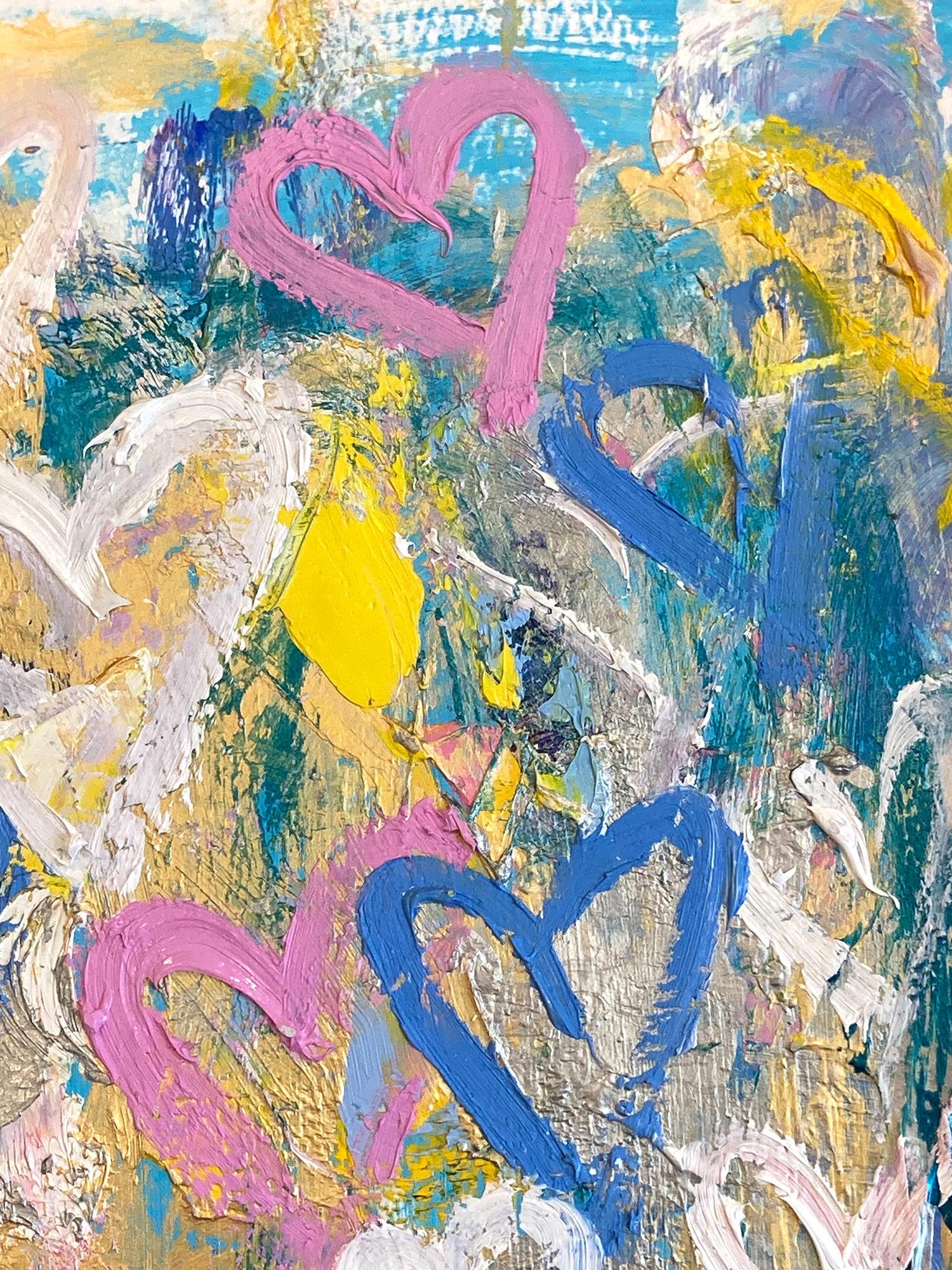 Abstraktes Acryl- und Ölgemälde auf Papier, „Kiss n' Fly“, farbenfrohes Pop-Art-Herzen im Angebot 1