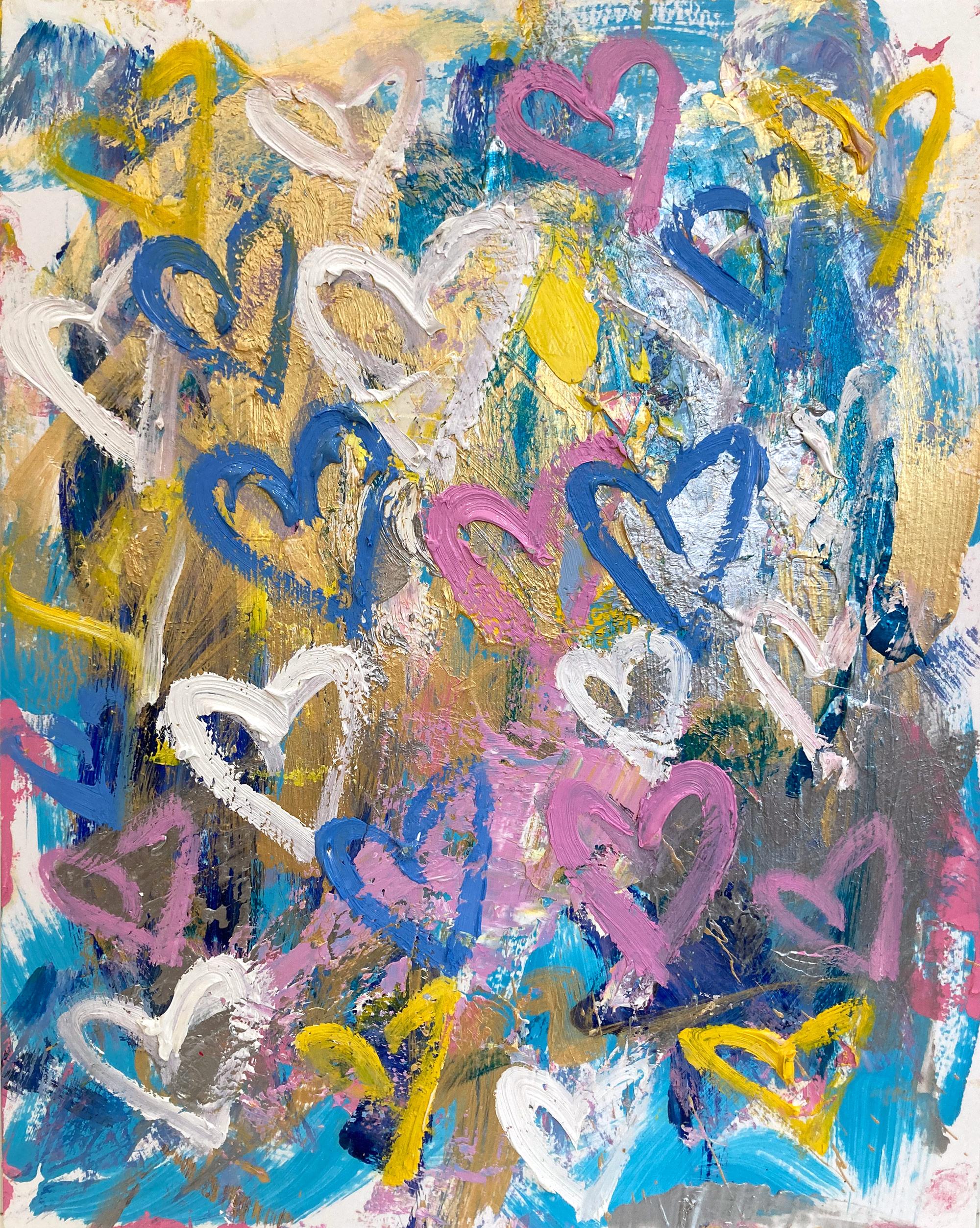 "Kiss n' Fly" Colorful Pop Art Hearts Abstract Acrylic & Oil Painting on Paper