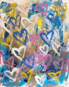 "Kiss n' Fly" Colorful Pop Art Hearts Abstract Acrylic & Oil Painting on Paper