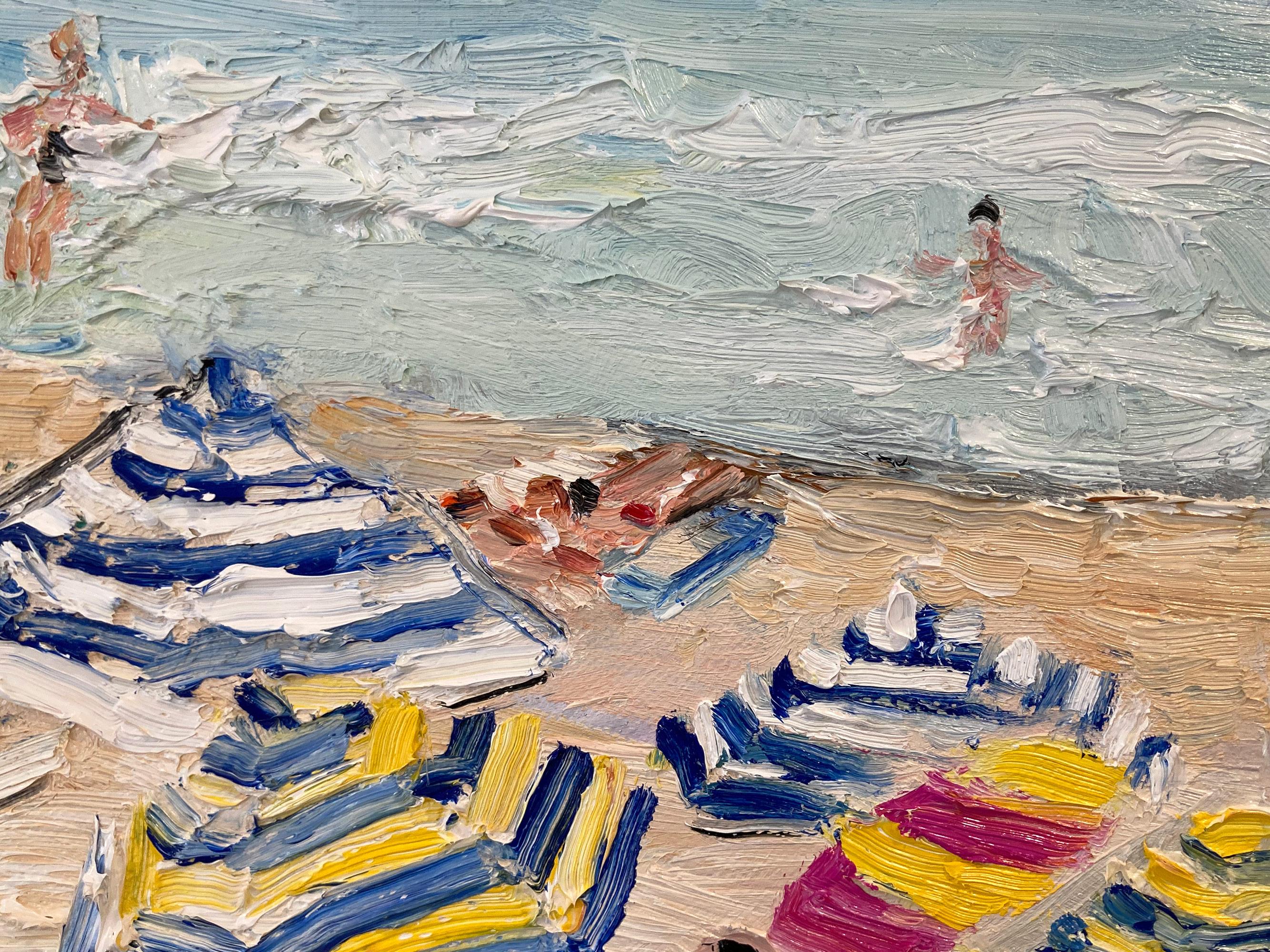 Questo quadro cattura una scena impressionistica sulla spiaggia di Nizza, in Francia, con bellissime pennellate e colori stravaganti. Questo pezzo cattura la spiaggia e i tempi del XXI secolo ma in modo moderno, creando figure in traslucenza. 