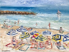 "Ultimi giorni d'estate a Nizza", pittura a olio impressionista su tela con scene di spiaggia