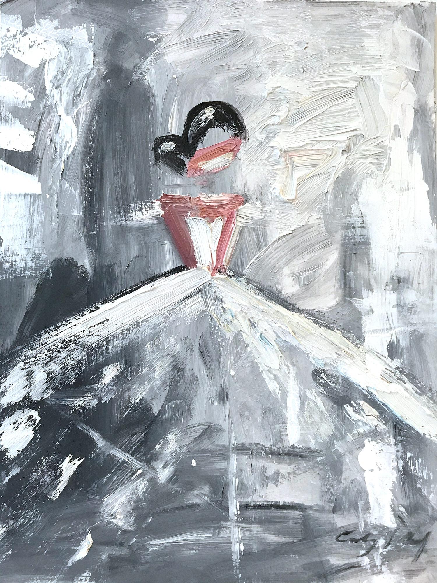 Abstract Painting de Cindy Shaoul - "Dejé mi corazón en París" Figura Vestido Chanel Alta Costura Pintura al óleo sobre papel