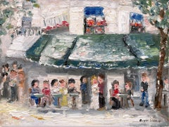 "Les Deux Magots" Parisian Plein Air Street Scene Oil Painting on Canvas Framed