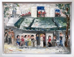 "Les Deux Magots", scena di strada parigina plein air, dipinto a olio su tela e incorniciato