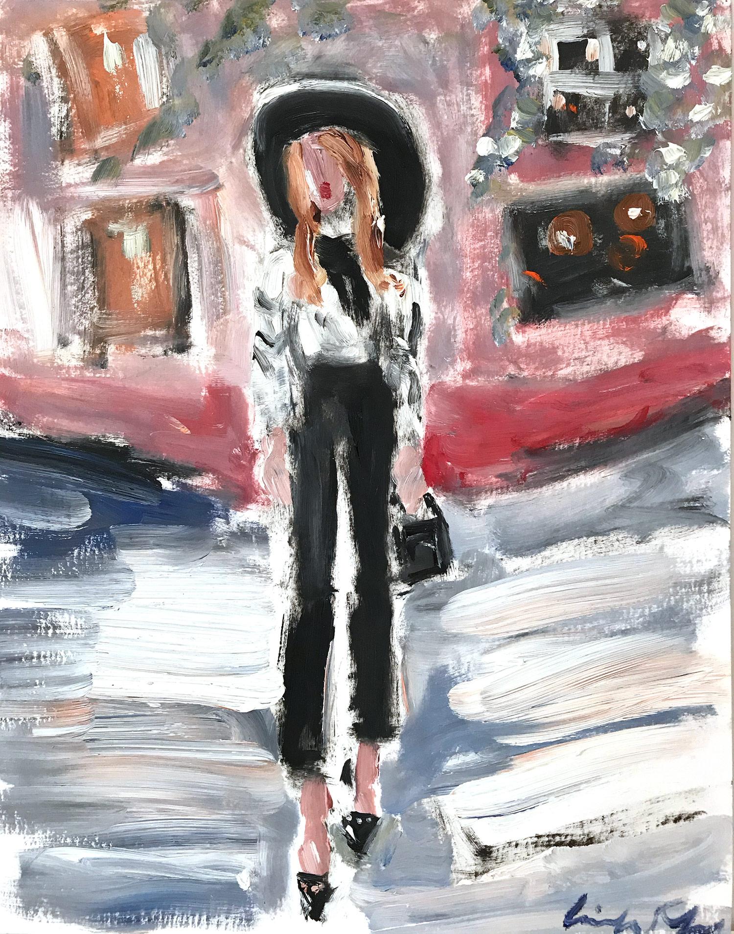 Cindy Shaoul Abstract Painting - "Lili in New York" Figure Exterior Scene of Figure Chanel Oil Painting on Paper