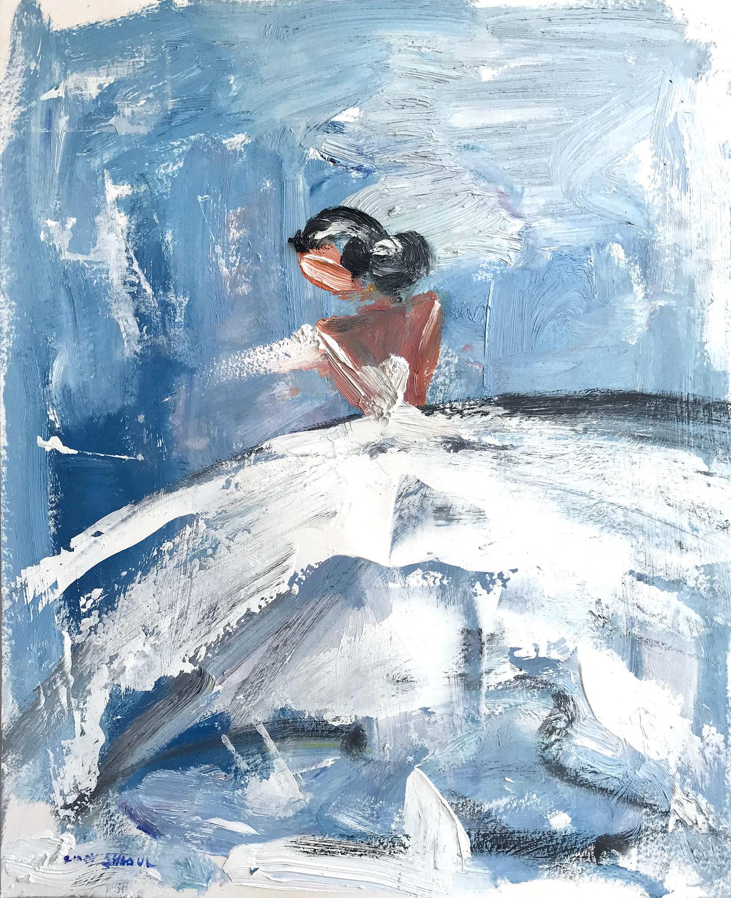 Cindy Shaoul Figurative Painting - "Lillian" Abstract Figure with Gown on Paper Oil Painting