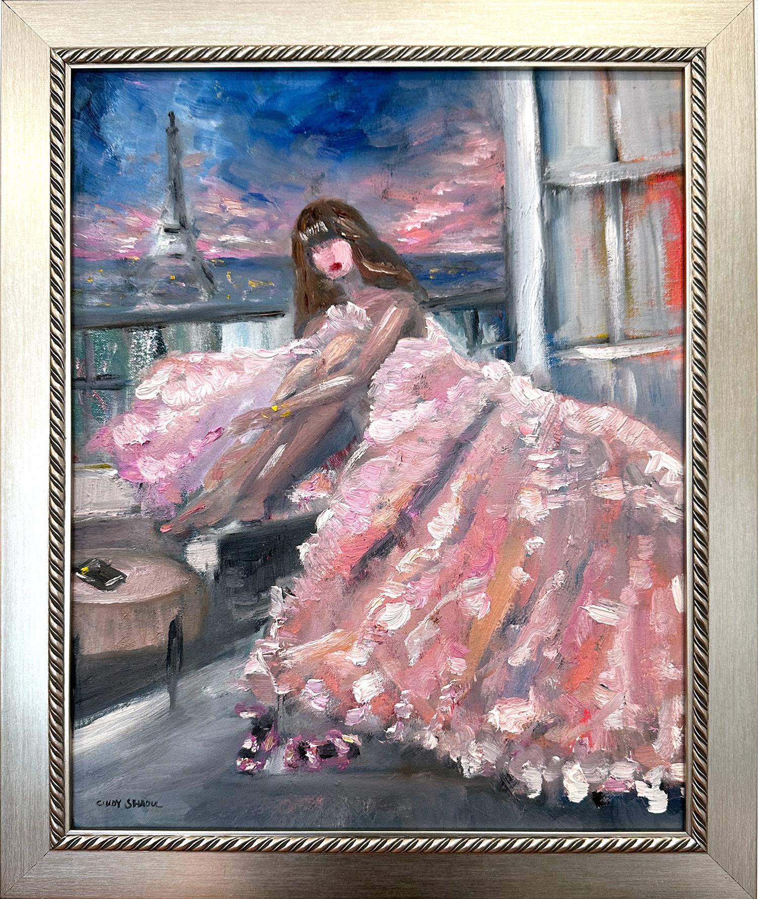Cindy Shaoul Figurative Painting - "Lily in Paris" Figure in Haute Couture Dress from Emily in Paris Oil Painting