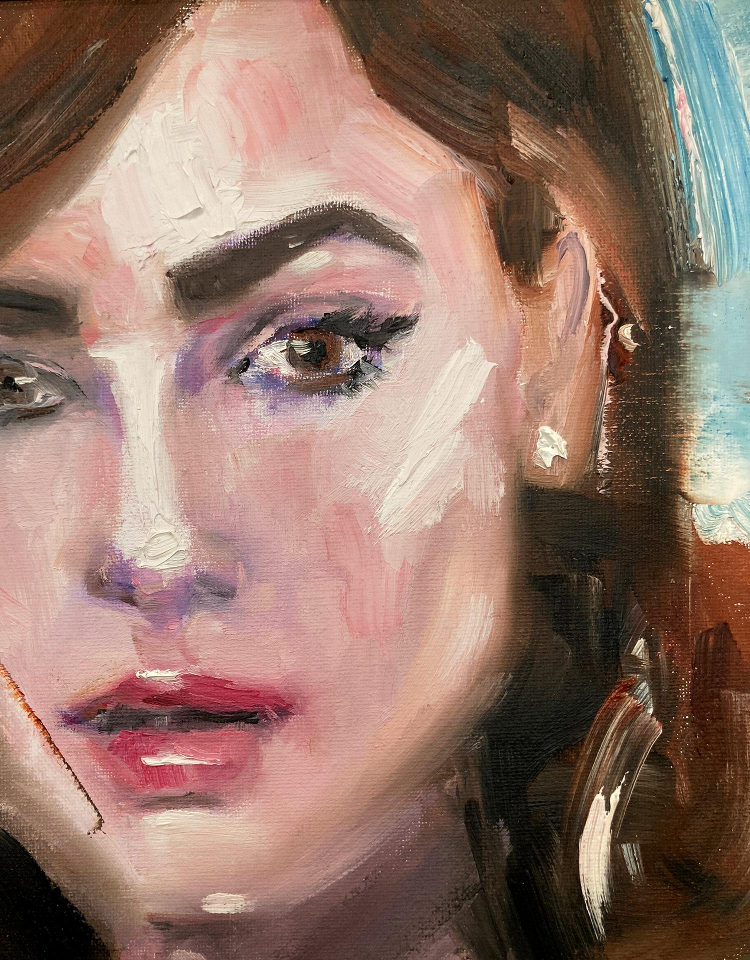 This piece captures the essence of fashion in Pairs depicting notable celebrity Lily Collins. Done in a very modern and impressionistic style, the colors are bright yet subtle. Painted oil on canvas, signed lower left and verso. 

Art measures 12 x