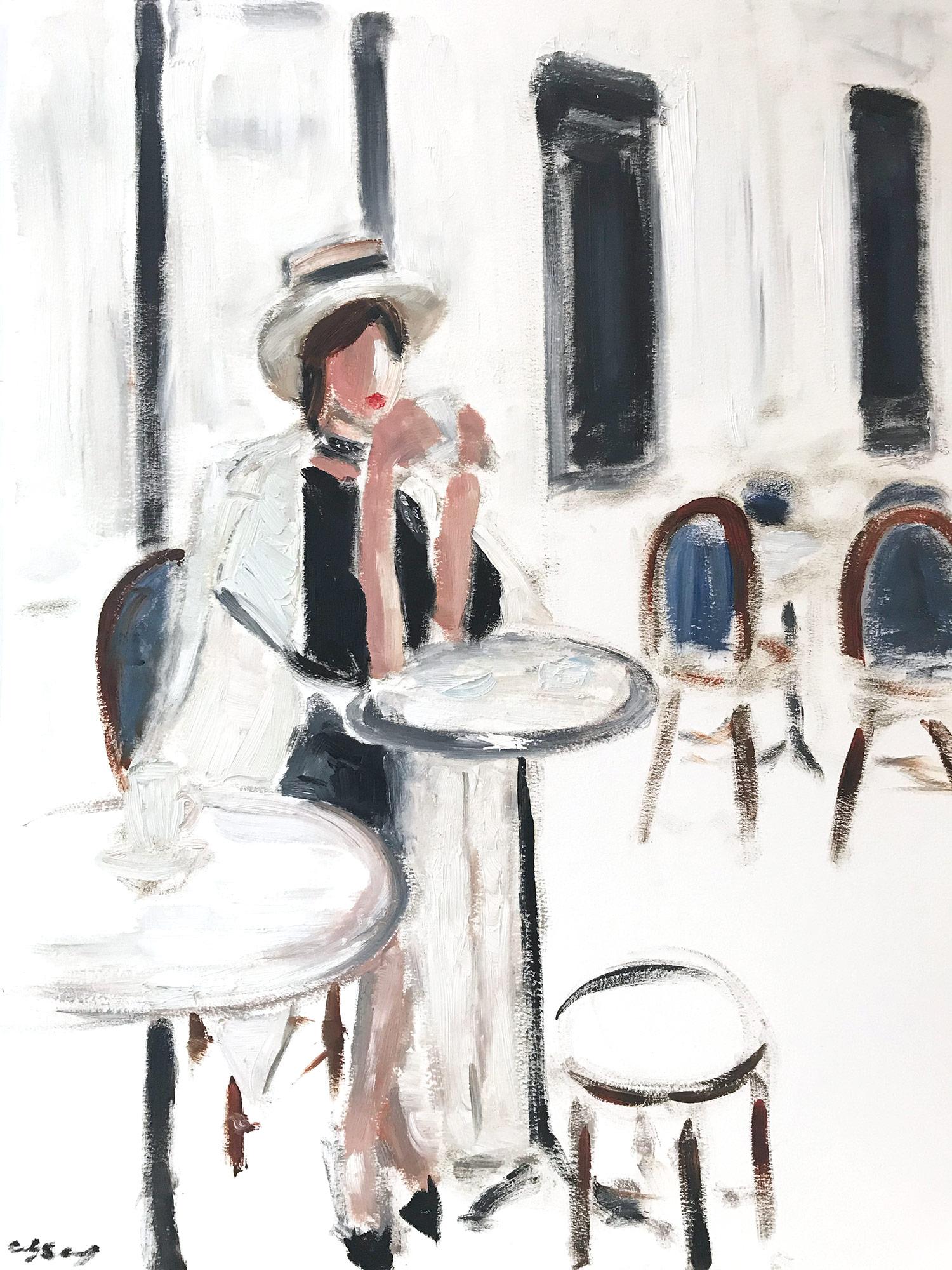 Cindy Shaoul Figurative Painting - "Lily in Paris" Figure wearing Chanel Drinking Coffee Oil Painting on Paper