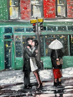 "Lovers by 3rd Ave in Snow" Figures Kissing in New York City Oil Painting