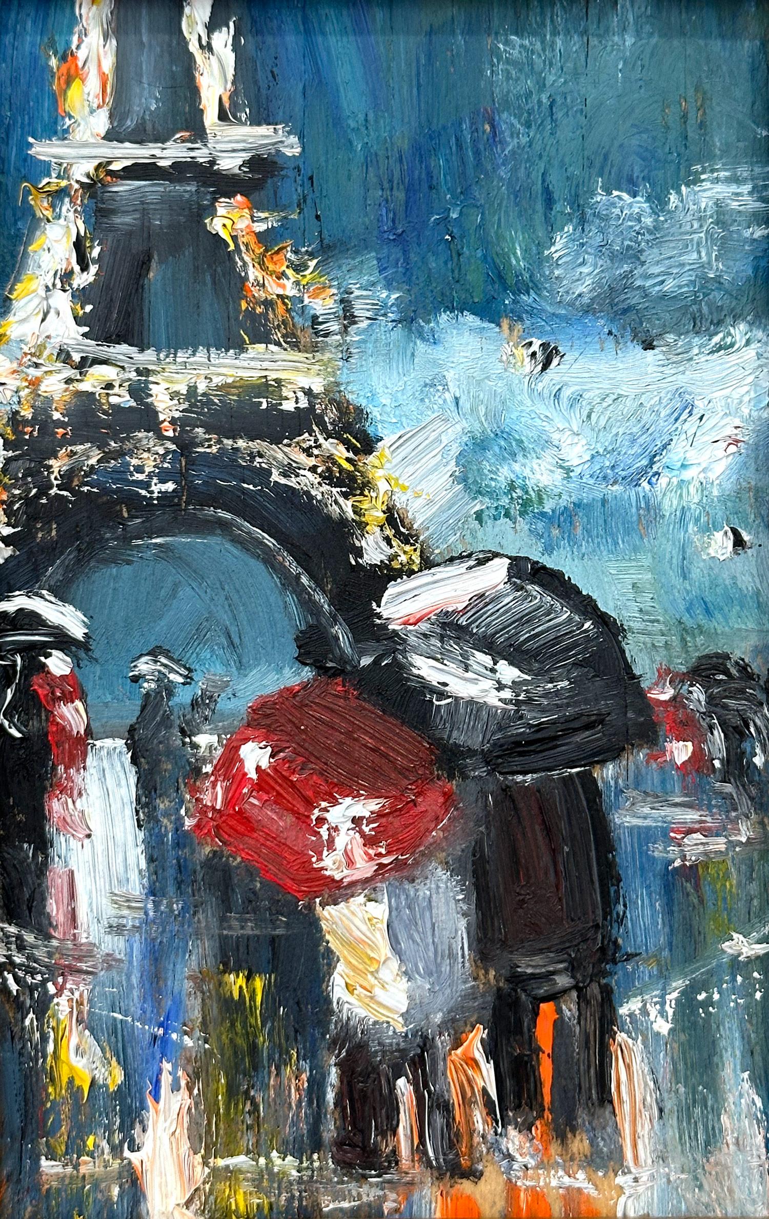 This painting depicts an impressionistic Plein Air scene of a couple under an umbrella by the Eiffel Tower in the rain. The thick brush strokes and fun marks creates an atmosphere reminiscent of the Ashcan School. There are figures situated in the