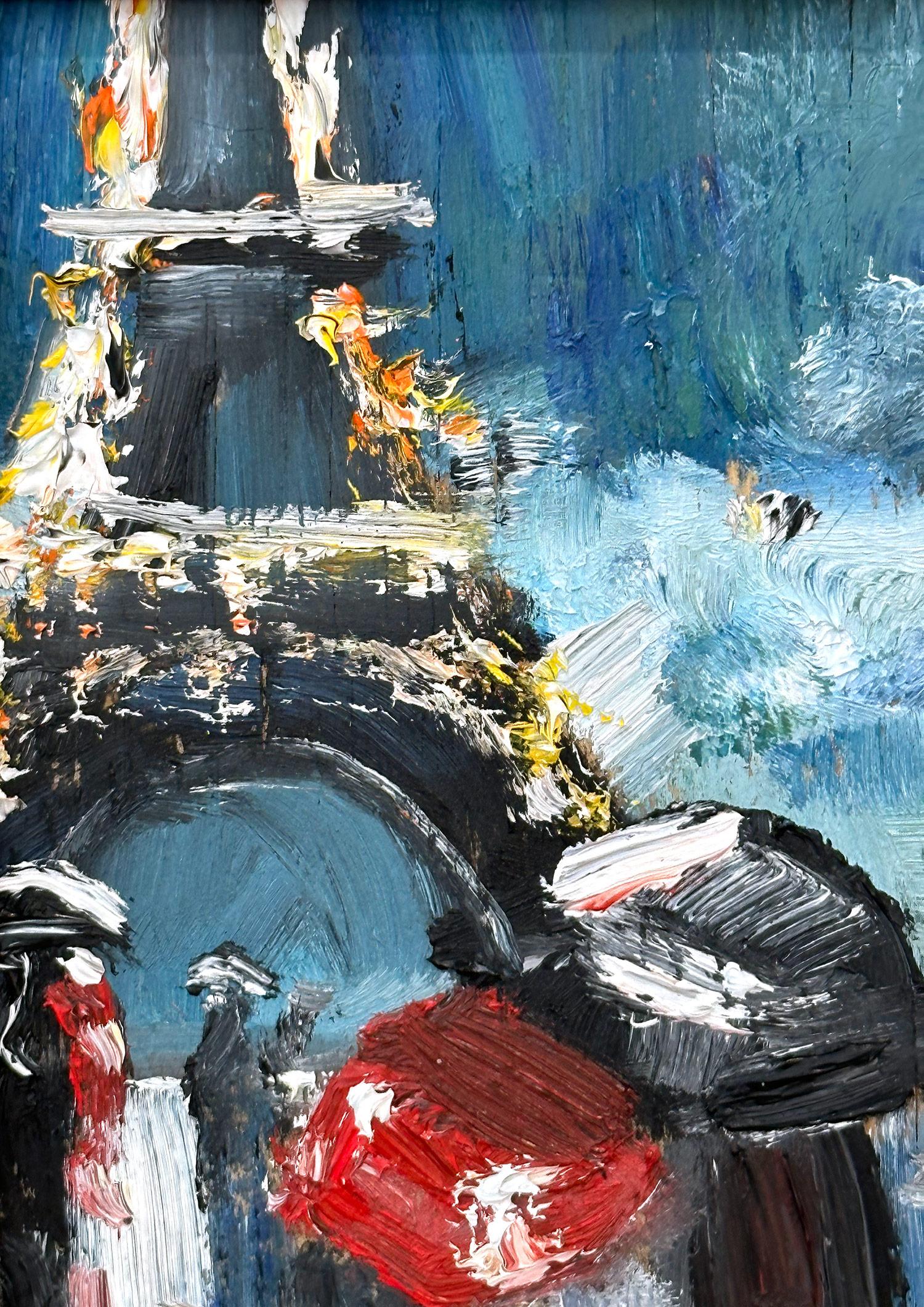 Cette peinture représente une scène impressionniste Plein Air d'un couple sous un parapluie près de la Tour Eiffel sous la pluie. Les coups de pinceau épais et les marques amusantes créent une atmosphère qui rappelle l'Ashcan School. Des personnages