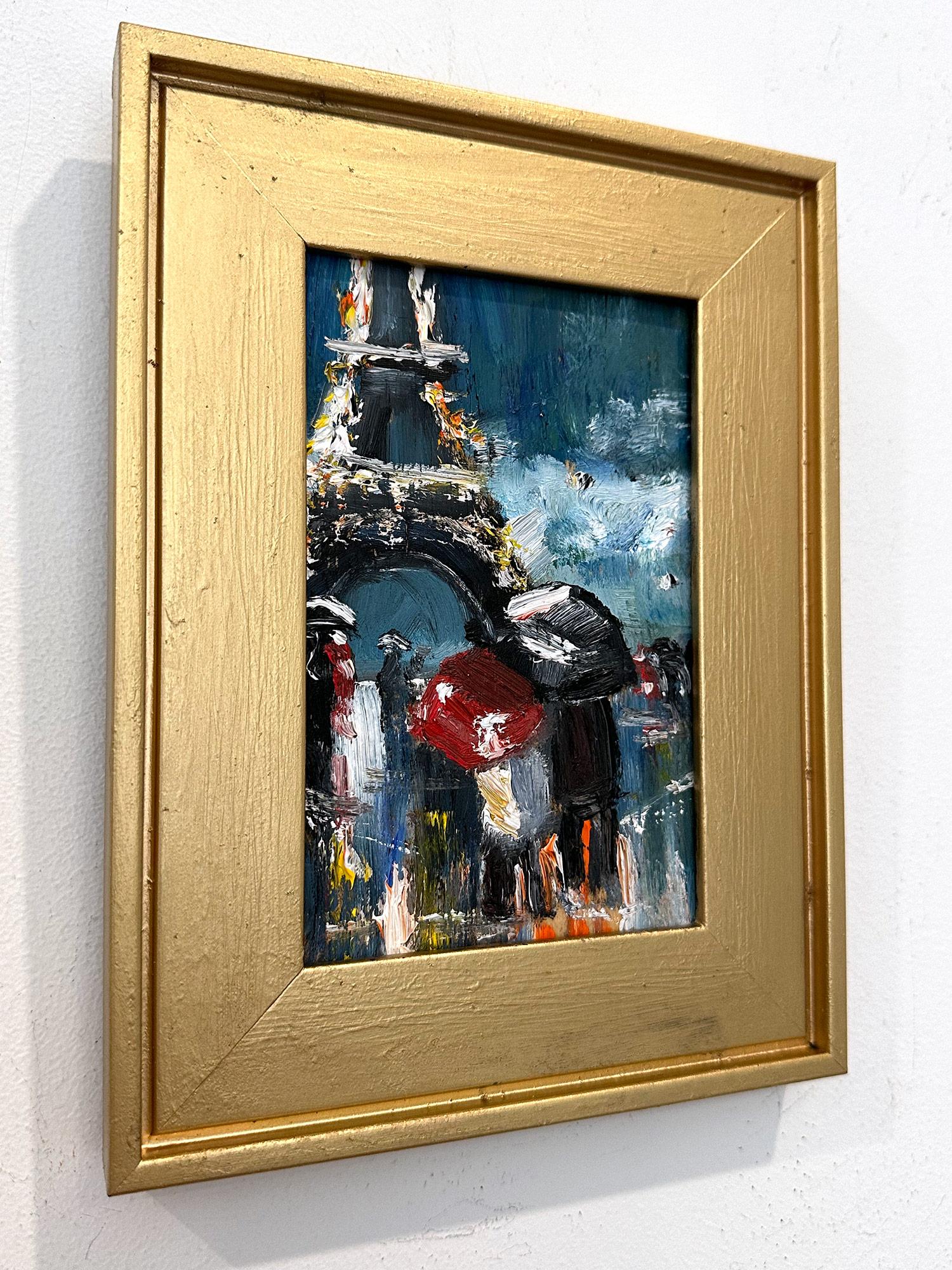 « Lovers in the Rain », peinture à l'huile impressionniste représentant des personnages de la Tour Eiffel en vente 5