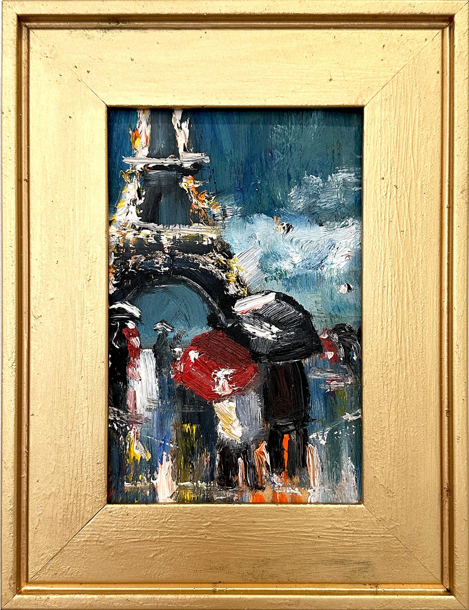 Figurative Painting Cindy Shaoul - « Lovers in the Rain », peinture à l'huile impressionniste représentant des personnages de la Tour Eiffel