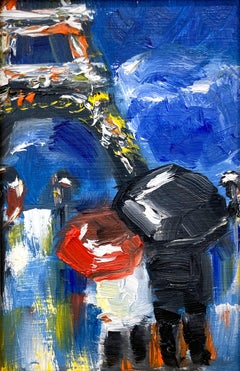 "Lovers in the Rain -Paris-" Impressionist Oil Painting Figures by Eiffel Tower