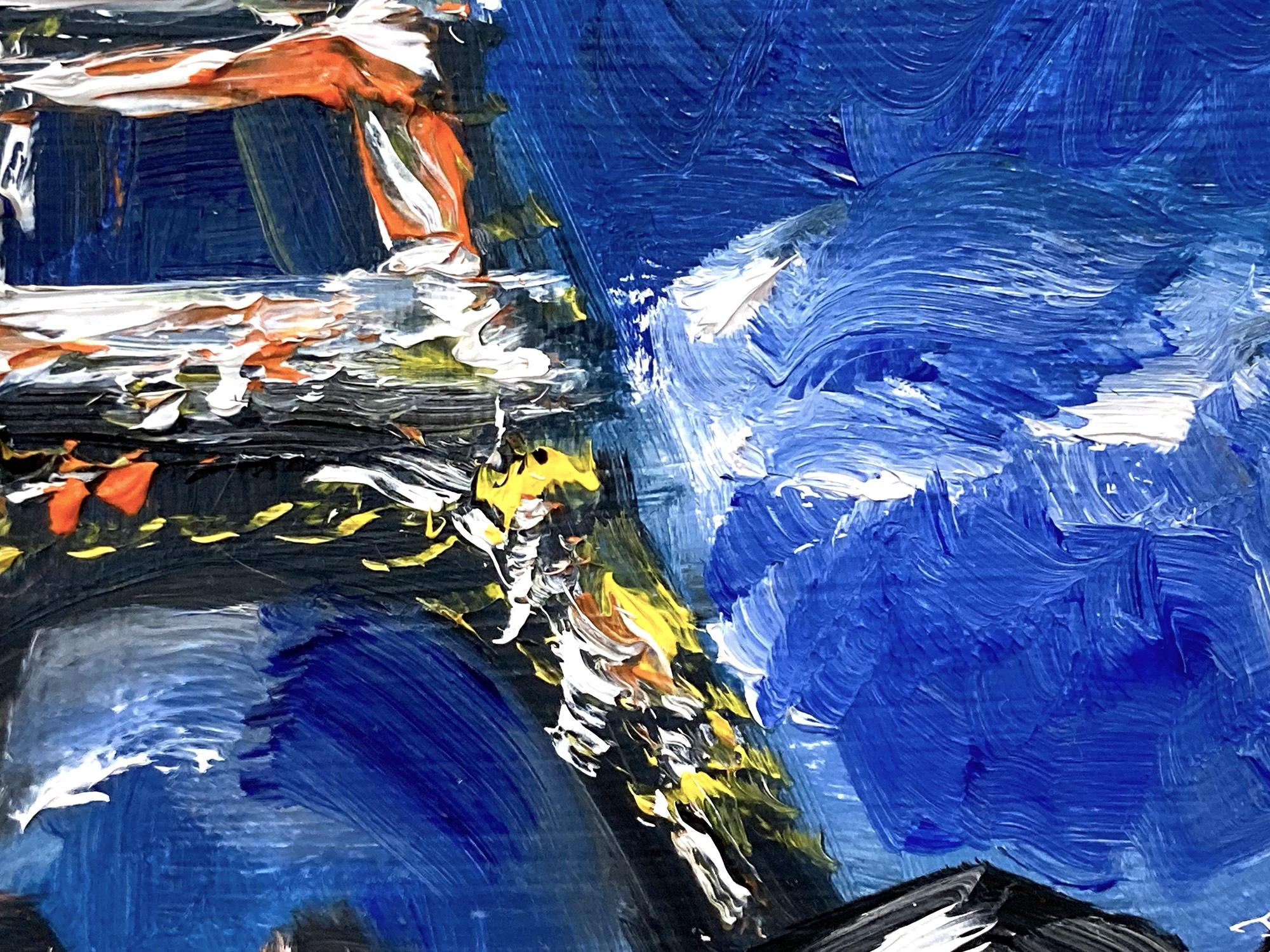 Das Gemälde zeigt eine impressionistische Plein-Air-Szene, die ein Paar unter einem Regenschirm am Eiffelturm im Regen zeigt. Die dicken Pinselstriche und lustigen Zeichen schaffen eine Atmosphäre, die an die Ashcan School erinnert. In der Ferne