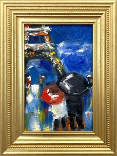 « Lovers in the Rain -Paris - Peinture à l'huile impressionniste - Figures de la Tour Eiffel