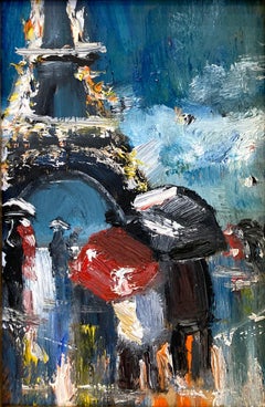 "Lovers in the Rain" Small Impressionist Oil Painting of Figures by Eiffel Tower