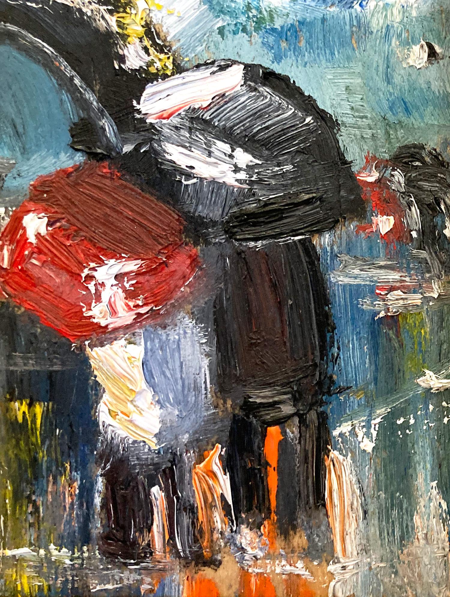 Este cuadro representa una escena impresionista Plein Air de una pareja bajo un paraguas junto a la Torre Eiffel bajo la lluvia. Las pinceladas gruesas y las marcas divertidas crean una atmósfera que recuerda a la Escuela Ashcan. Hay figuras