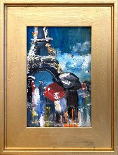 "Amantes bajo la lluvia" Pequeño óleo impresionista de figuras junto a la Torre Eiffel