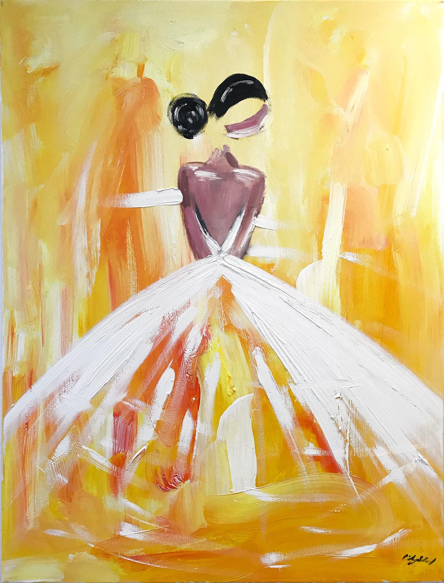 Figurative Painting Cindy Shaoul - "Madison" - Figure dans une robe de Chanel - Peinture à l'huile sur toile - Haute Couture française