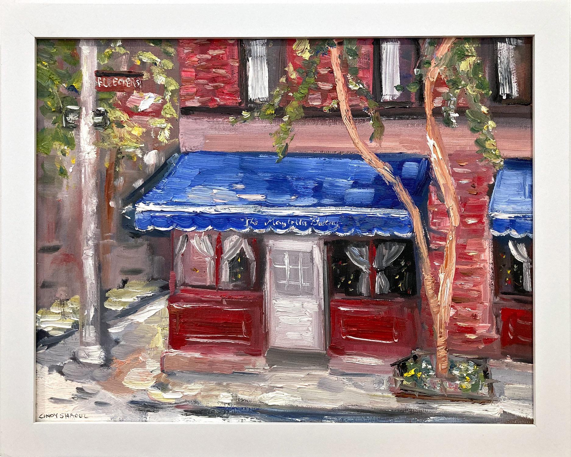 Landscape Painting Cindy Shaoul - "Magnolia Bakery" Sex and the City - Peinture à l'huile impressionniste de Soho New York