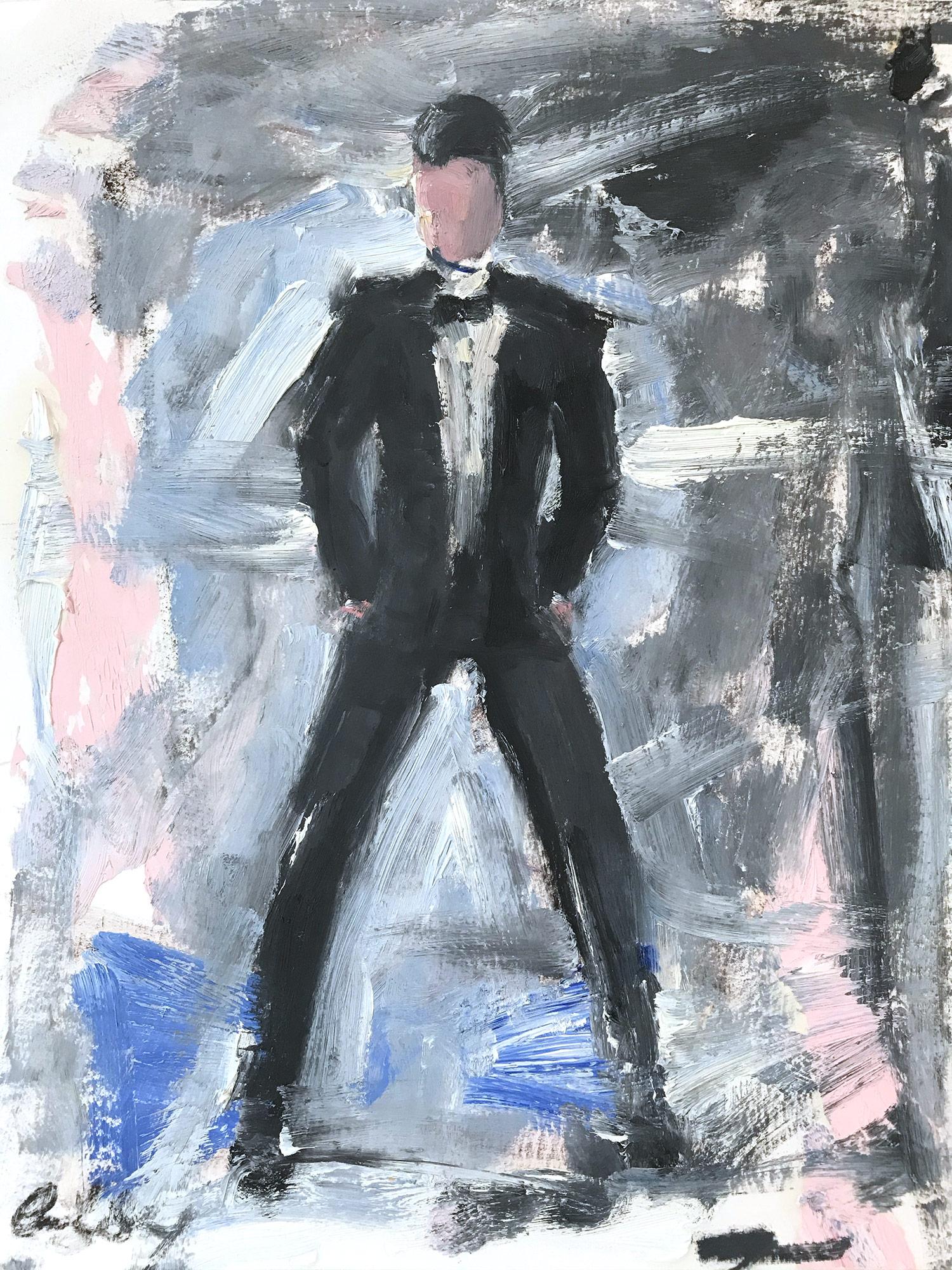 Cindy Shaoul Abstract Painting – ""Man in Tux"" Figur eines Mannes, der den Heiligen Laurant in London trägt, Ölgemälde auf Papier 