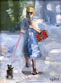 "Stepping Out in NYC" Figure with Chanel Bag Haute Couture Oil Painting Framed