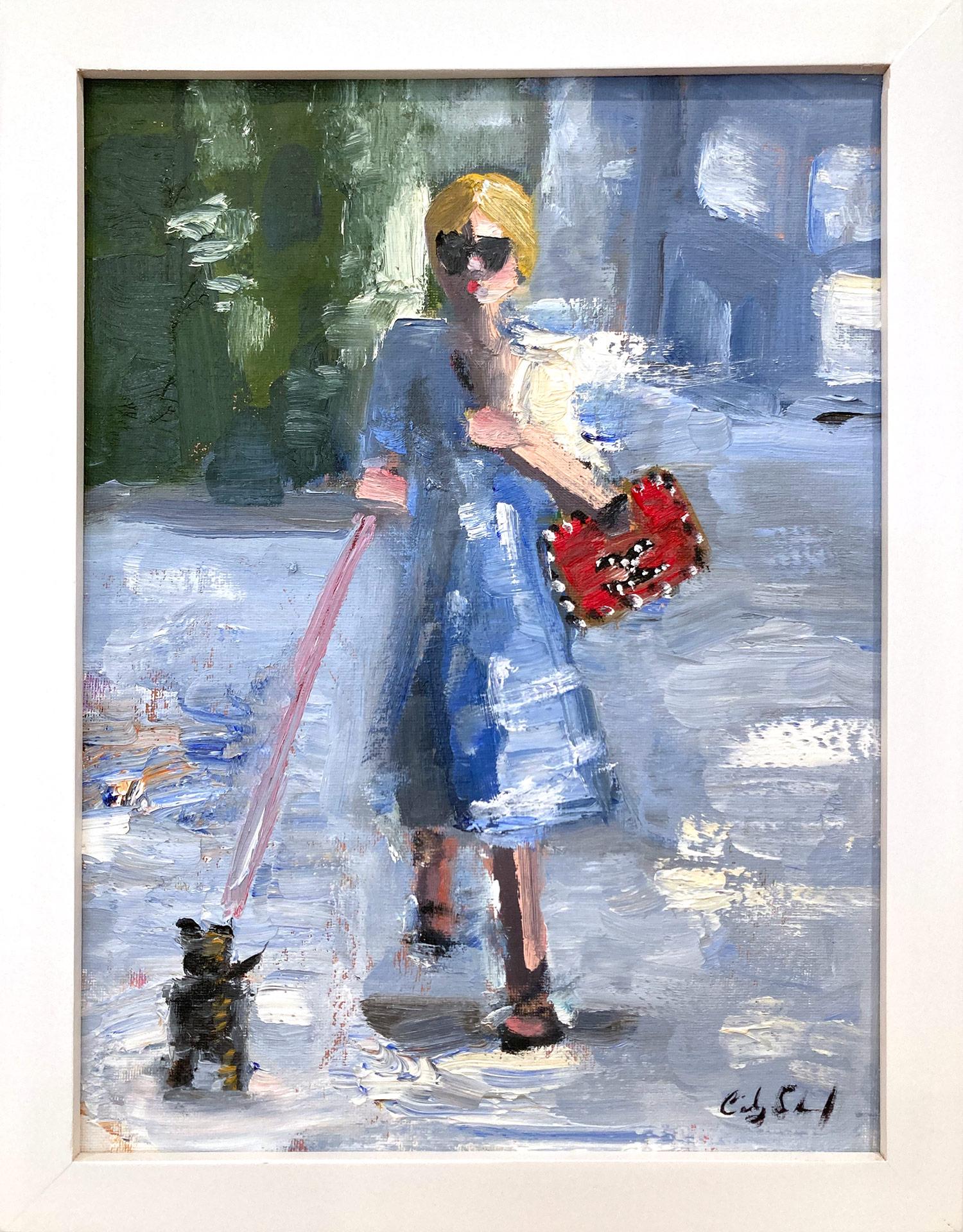 Figure « Stepping Out in NYC » avec sac de Chanel - Peinture à l'huile haute couture encadrée