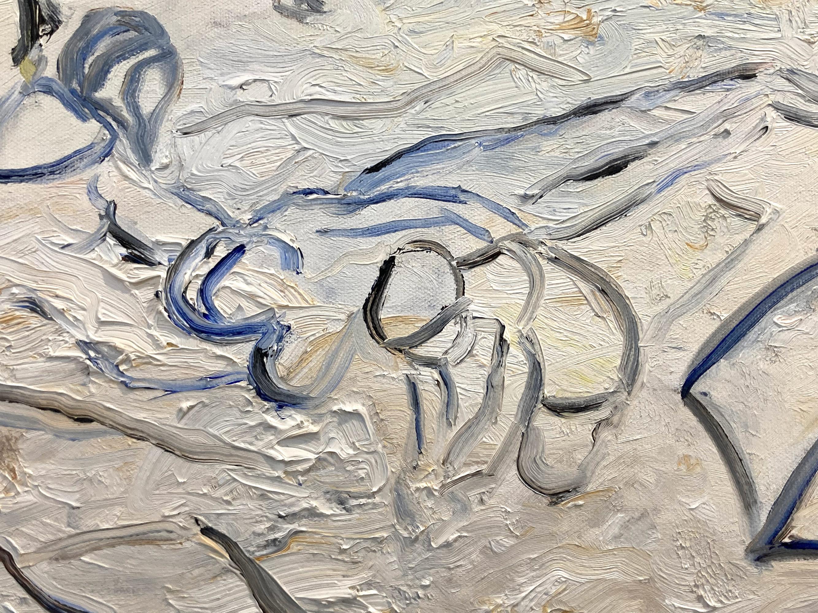 This painting captures an impressionistic scene at the beach in Cannes with beautiful brushwork and whimsical colors. This piece captures the beach and times of the early 20th Century but in a modern way creating figures in translucence.  A large