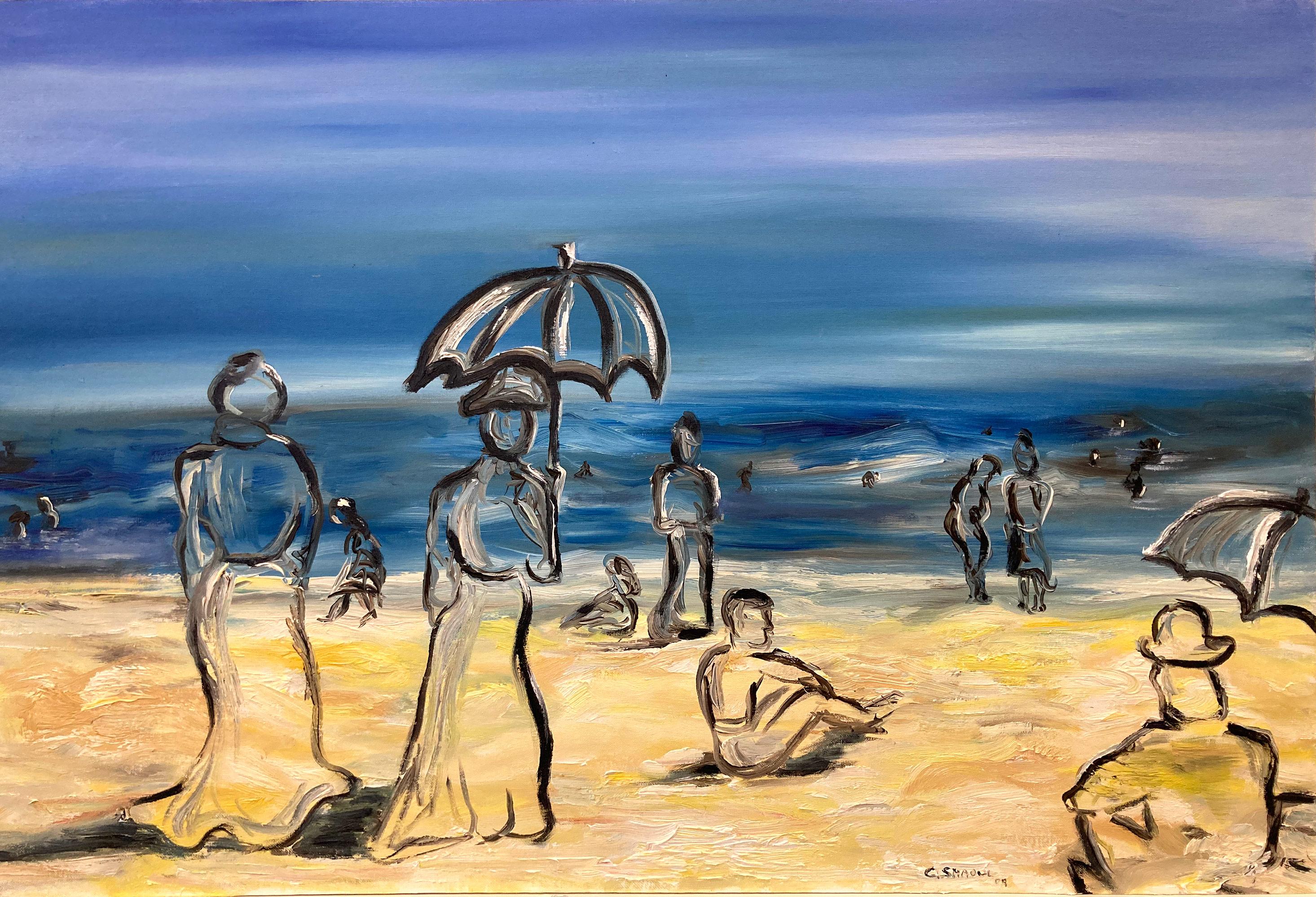 Cindy Shaoul Landscape Painting - "Memories at the Beach in Montenegro" Impressionistic Beach Scene Oil Painting